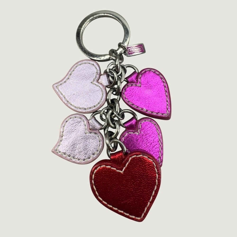 Coach Heart Multi Charm Keychain OS Pink Metallic Leather Key FOB Bag Charm